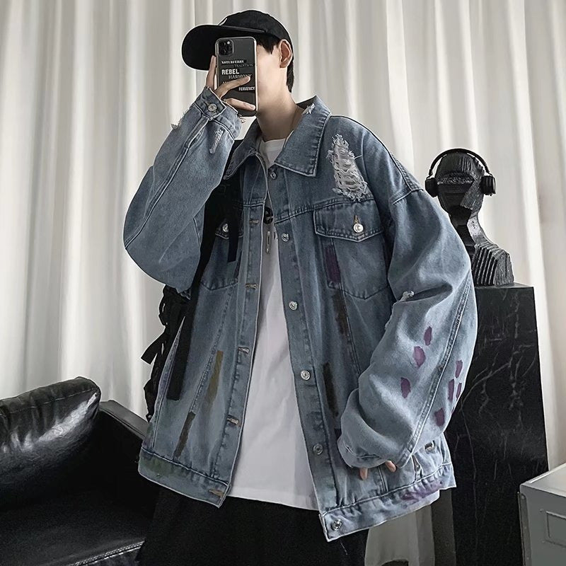 Men's Streetwear Ripped Long Sleeve Button Front Lapel Collar Loose Denim Jacket