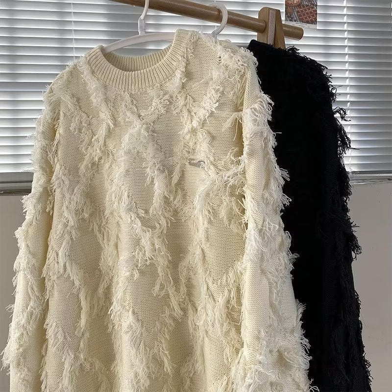 Retro Fringe Unisex Knitted Open Front Crew Neck Oversized Sweater Jacket