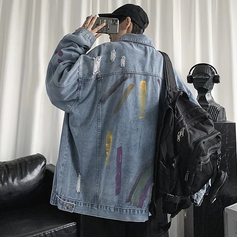Men's Streetwear Ripped Long Sleeve Button Front Lapel Collar Loose Denim Jacket