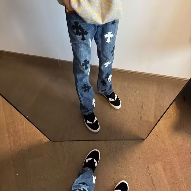 High Street Style Cross Leather Patch Denim Pants Casual Loose Fit Slight Flare Long Trousers