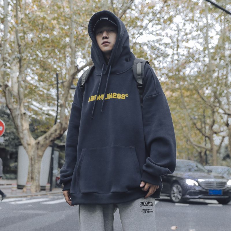 Men's Letter Print Long Sleeve Hooded Sweatshirt Loose Fleece-Lined Casual Top