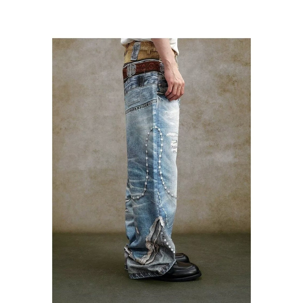 Vintage Color-Block Waist Straight Wide-Leg Denim Jeans