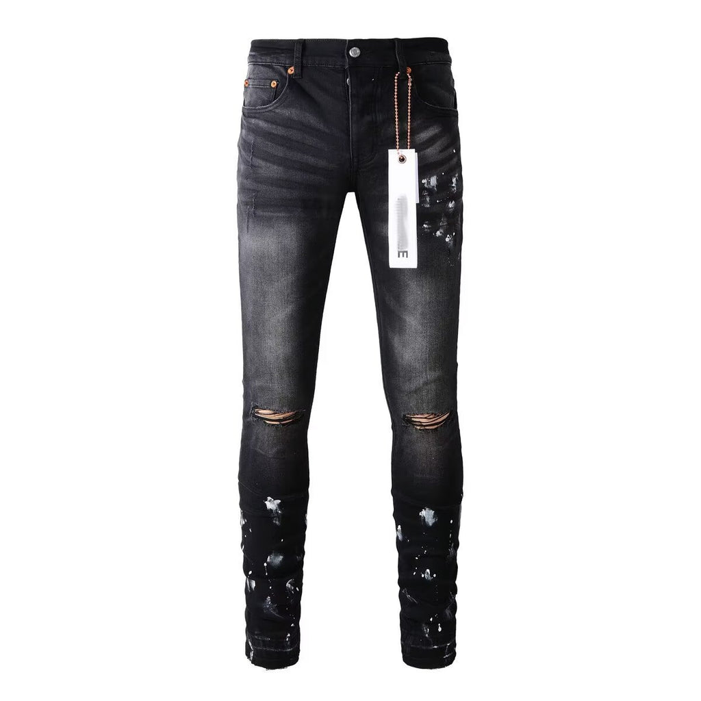 Men's Black Graffiti Splatter Distressed Skinny Jeans, Stretch Slim Fit Knee Cut-Out Denim Pants
