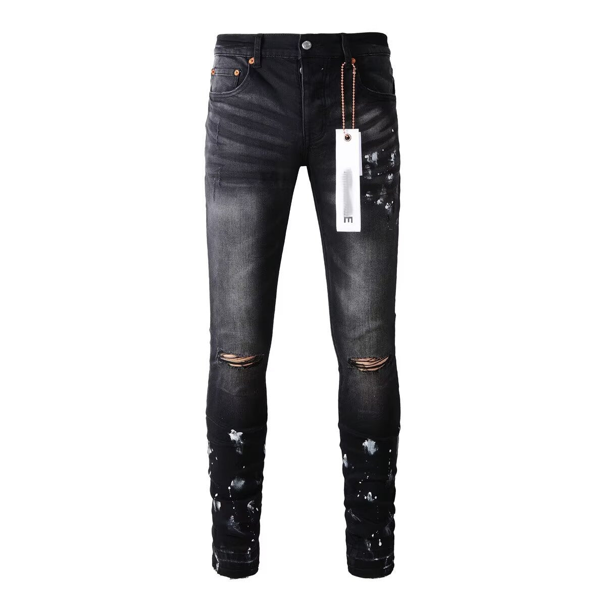 Men's Black Graffiti Splatter Distressed Skinny Jeans, Stretch Slim Fit Knee Cut-Out Denim Pants