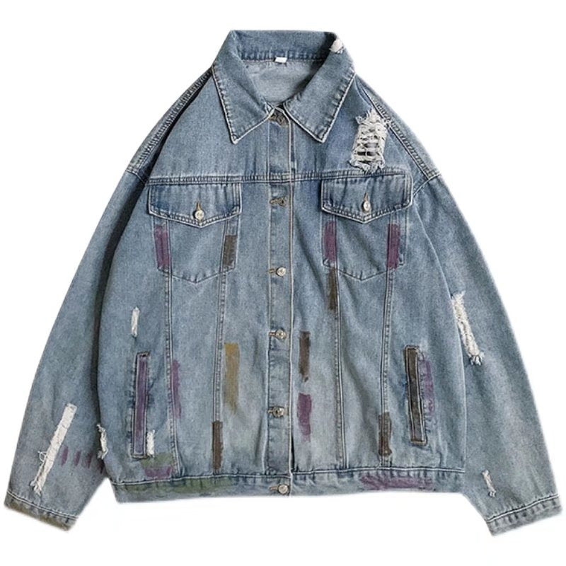 Men's Streetwear Ripped Long Sleeve Button Front Lapel Collar Loose Denim Jacket