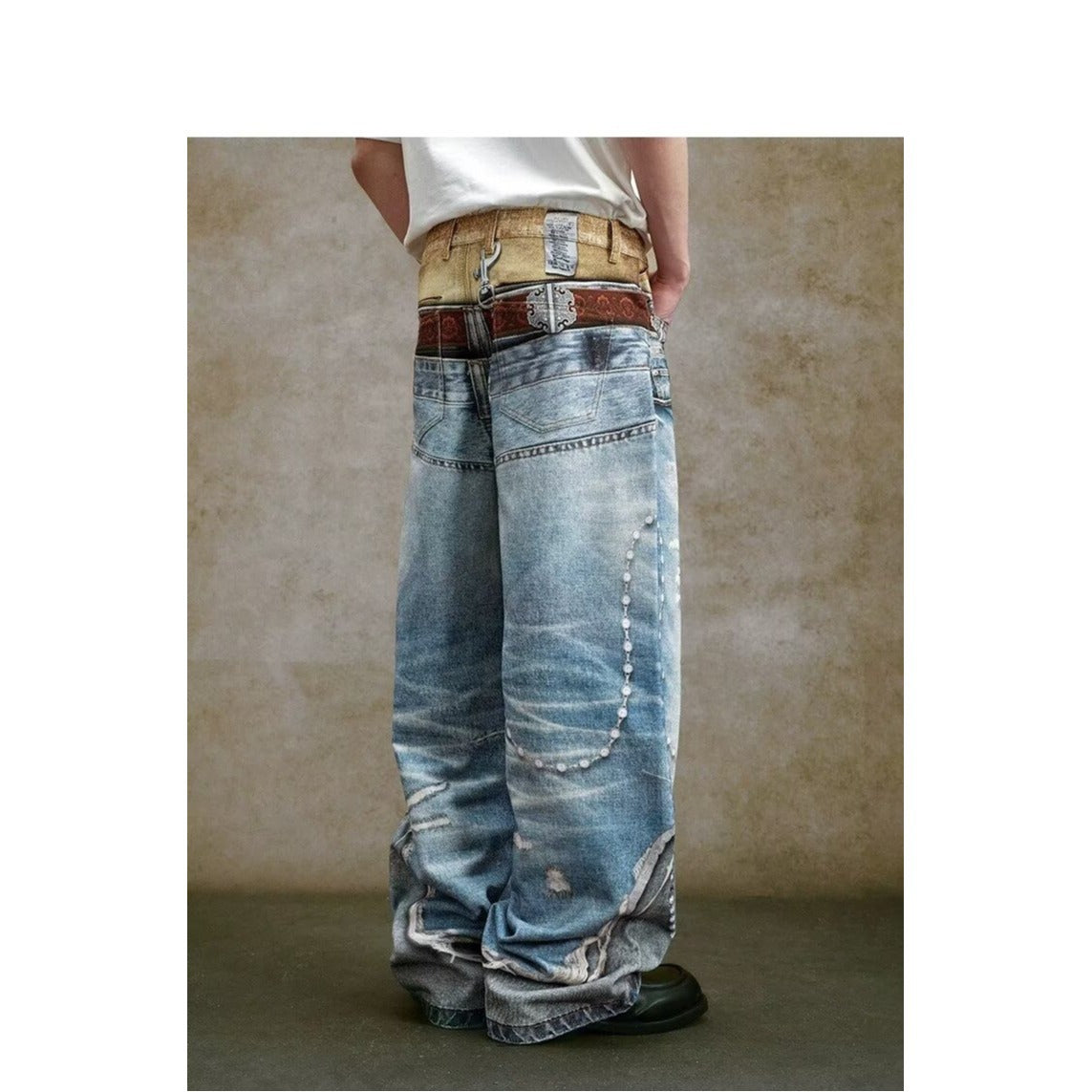Vintage Color-Block Waist Straight Wide-Leg Denim Jeans