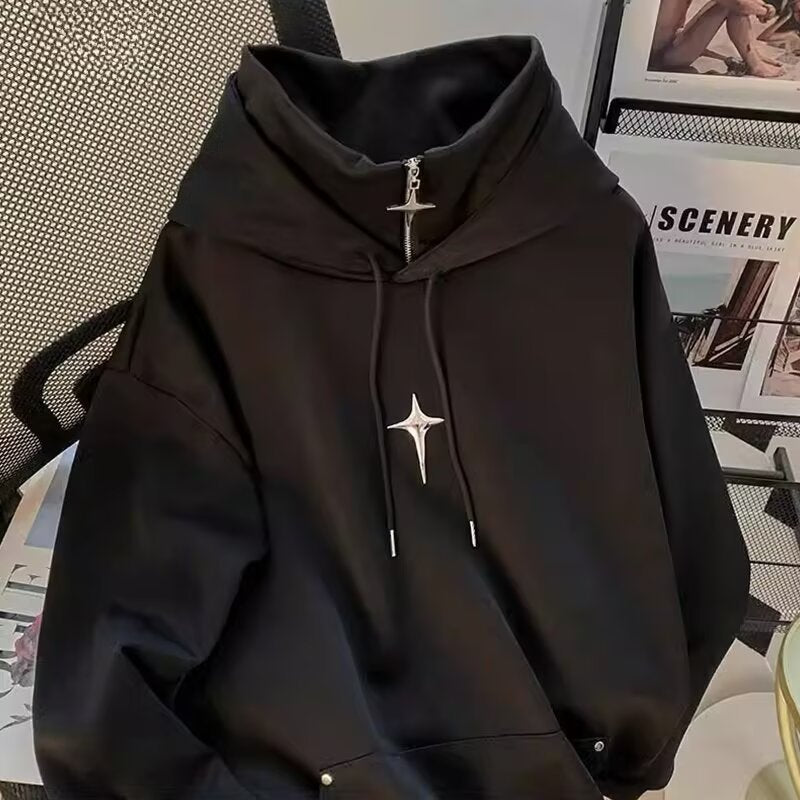 Men's Oversized West Coast Style Folded Collar Heavyweight Fleece Lined Windbreaker Hoodie Jacket - Solid Black