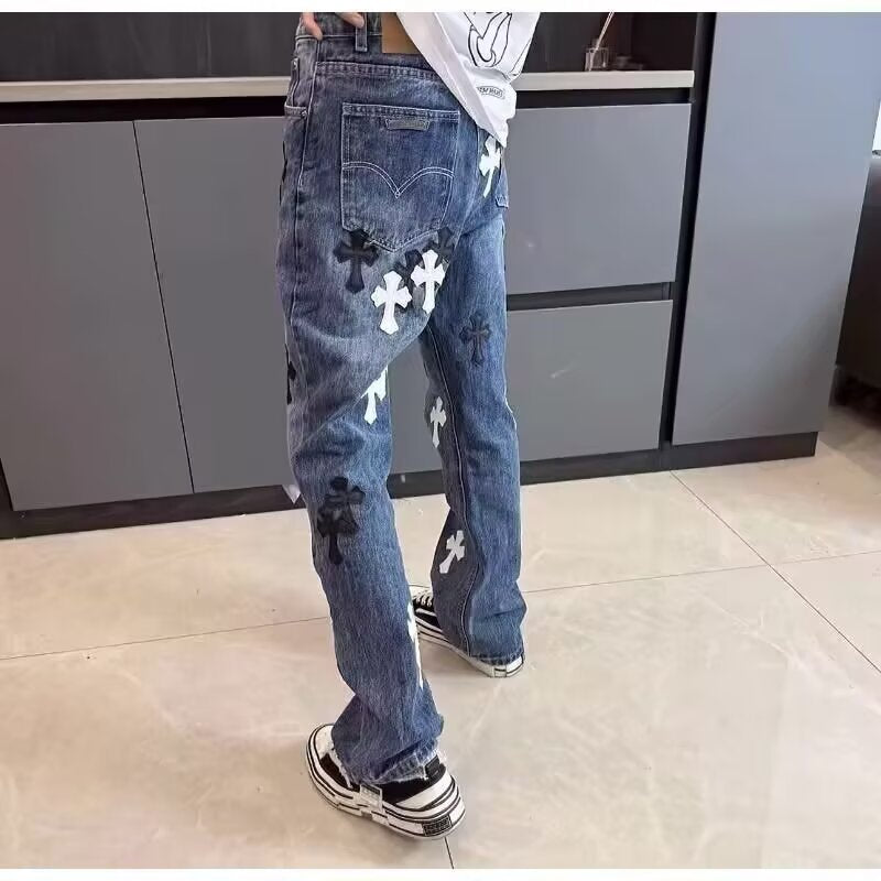 High Street Style Cross Leather Patch Denim Pants Casual Loose Fit Slight Flare Long Trousers