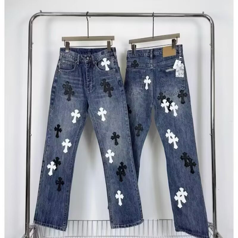 High Street Style Cross Leather Patch Denim Pants Casual Loose Fit Slight Flare Long Trousers
