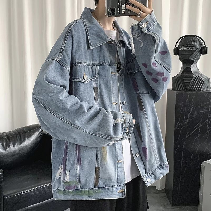 Men's Streetwear Ripped Long Sleeve Button Front Lapel Collar Loose Denim Jacket