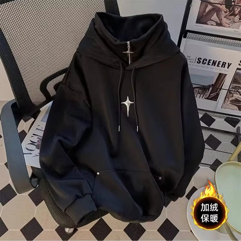 Men's Oversized West Coast Style Folded Collar Heavyweight Fleece Lined Windbreaker Hoodie Jacket - Solid Black