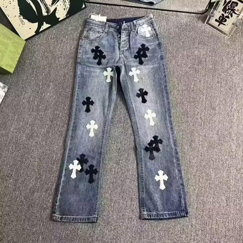 High Street Style Cross Leather Patch Denim Pants Casual Loose Fit Slight Flare Long Trousers