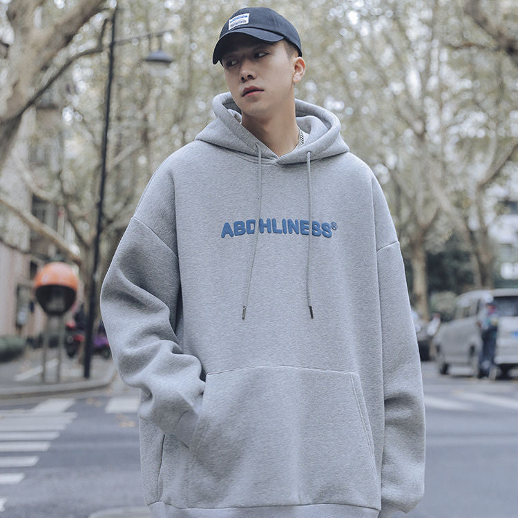 Men's Letter Print Long Sleeve Hooded Sweatshirt Loose Fleece-Lined Casual Top