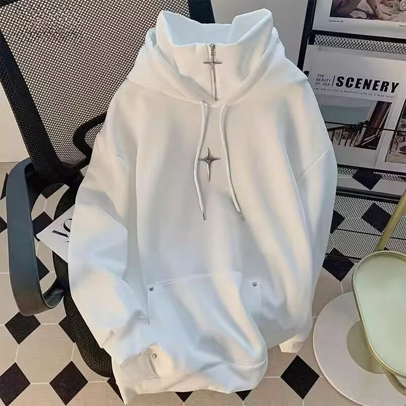 Men's Oversized West Coast Style Folded Collar Heavyweight Fleece Lined Windbreaker Hoodie Jacket - Solid Black