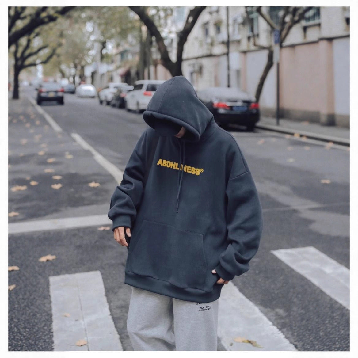 Men's Letter Print Long Sleeve Hooded Sweatshirt Loose Fleece-Lined Casual Top