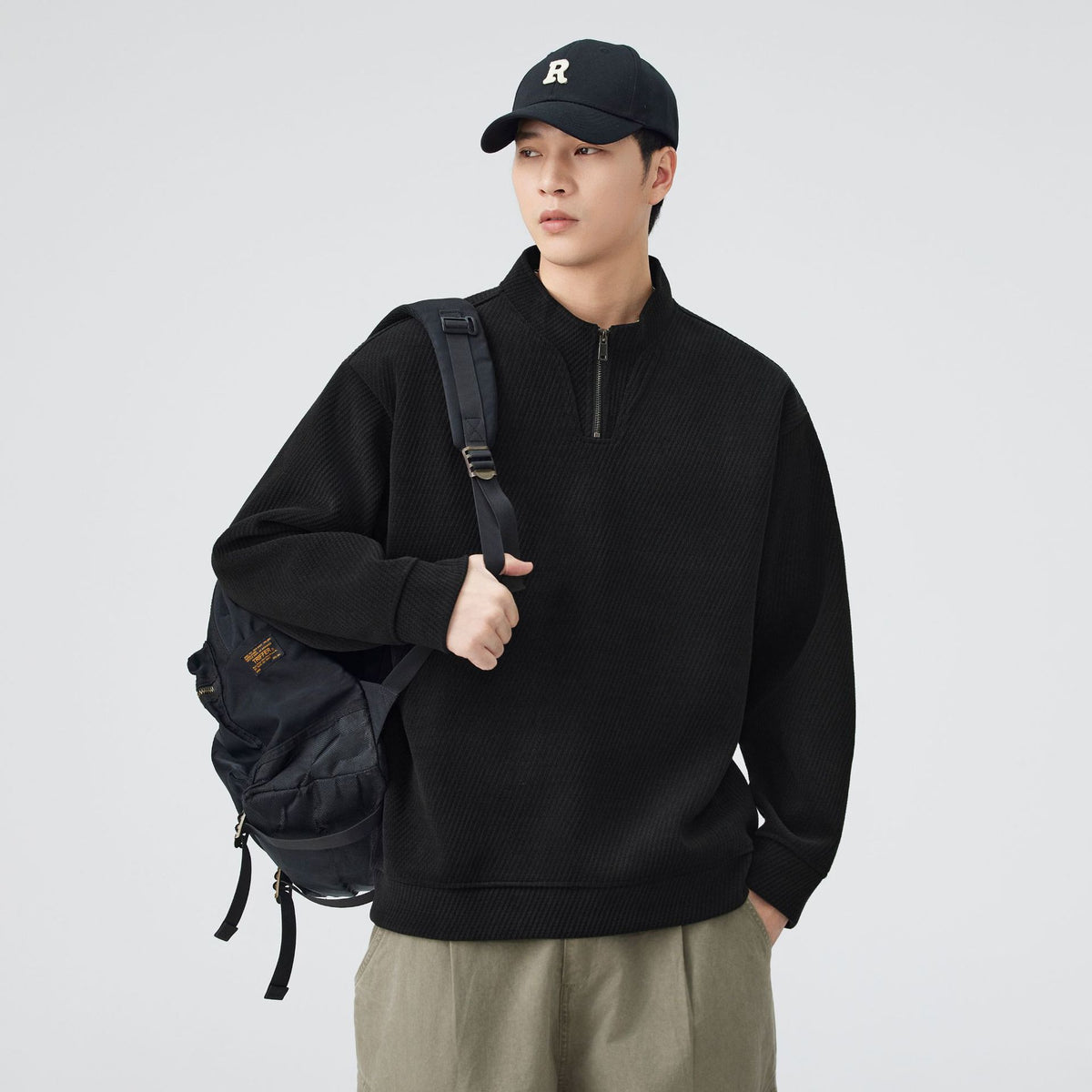 Men's Heavyweight Half Zip Sweatshirt Jacket Casual Stand Collar Solid Color Oversized Pullover