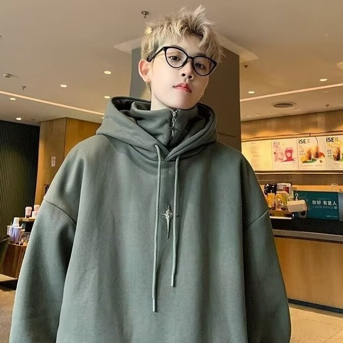 Men's Oversized West Coast Style Folded Collar Heavyweight Fleece Lined Windbreaker Hoodie Jacket - Solid Black