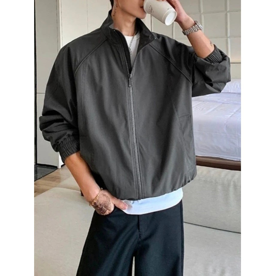 Retro Workwear Long Sleeve Zip-Up Stand Collar Short Loose Men's Flight Jacket