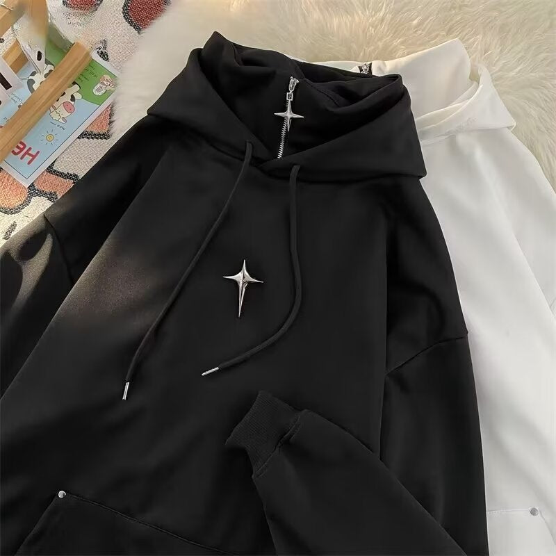 Men's Oversized West Coast Style Folded Collar Heavyweight Fleece Lined Windbreaker Hoodie Jacket - Solid Black