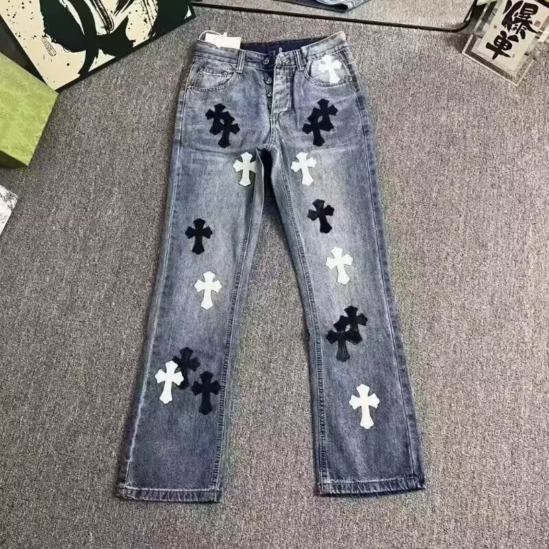 High Street Style Cross Leather Patch Denim Pants Casual Loose Fit Slight Flare Long Trousers