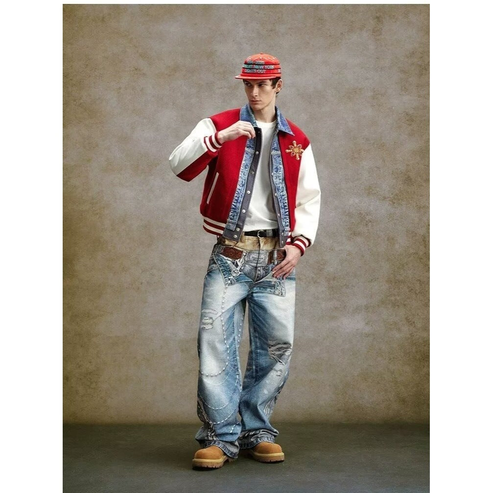 Vintage Color-Block Waist Straight Wide-Leg Denim Jeans