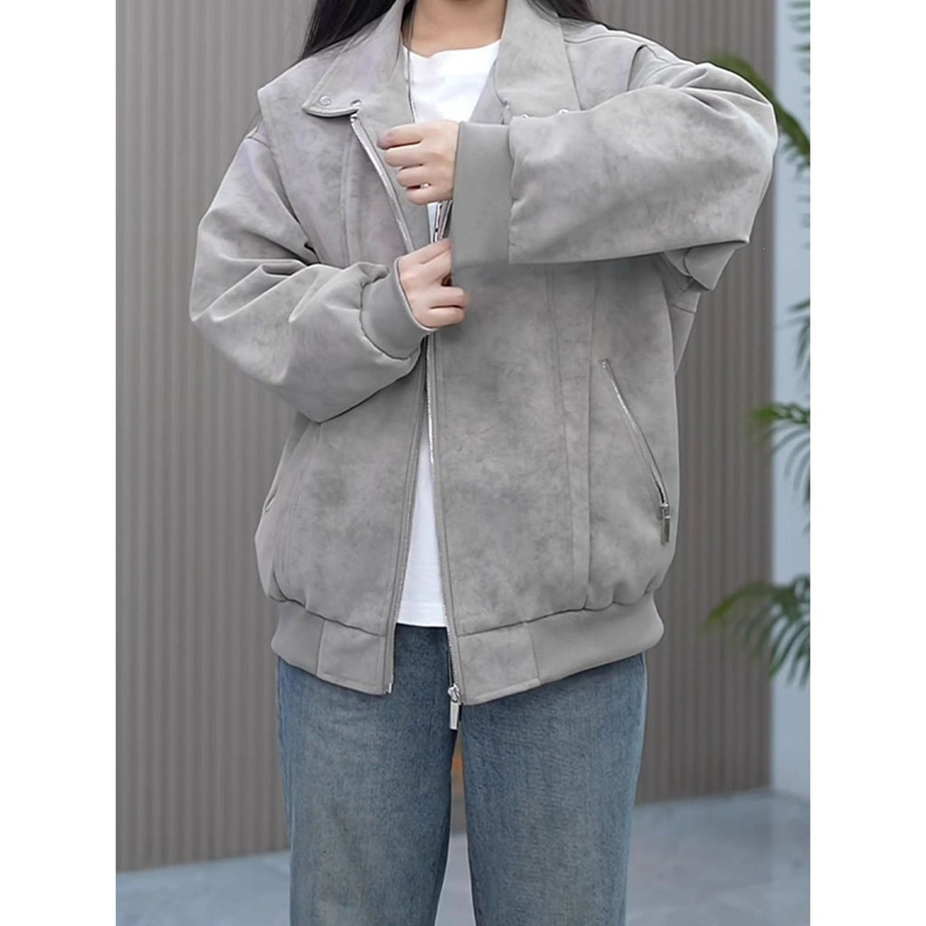 Vintage Tie-Dye PU Leather Zipper Stand Collar Loose Fit Jacket