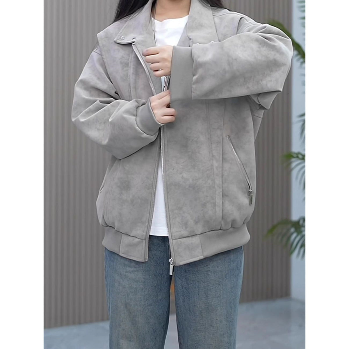Vintage Tie-Dye PU Leather Zipper Stand Collar Loose Fit Jacket
