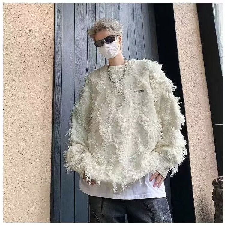 Retro Fringe Unisex Knitted Open Front Crew Neck Oversized Sweater Jacket