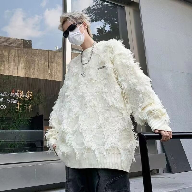 Retro Fringe Unisex Knitted Open Front Crew Neck Oversized Sweater Jacket