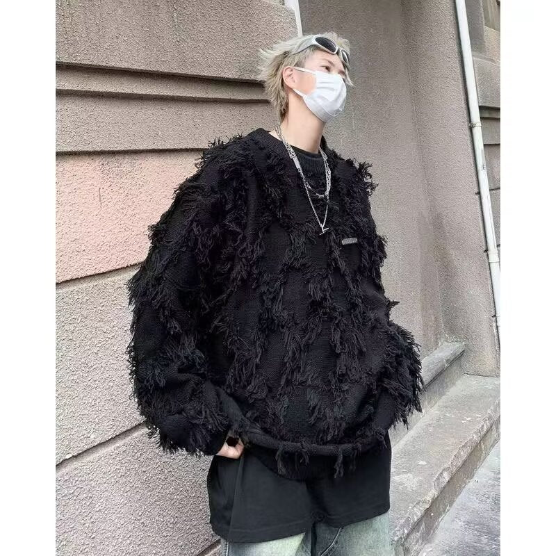 Retro Fringe Unisex Knitted Open Front Crew Neck Oversized Sweater Jacket