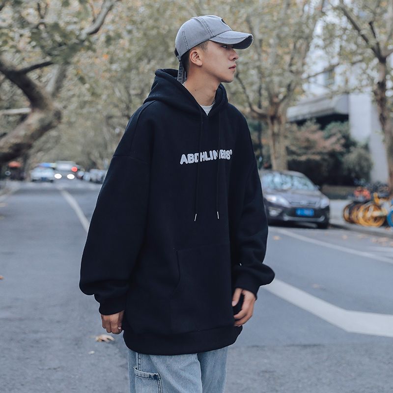 Men's Letter Print Long Sleeve Hooded Sweatshirt Loose Fleece-Lined Casual Top