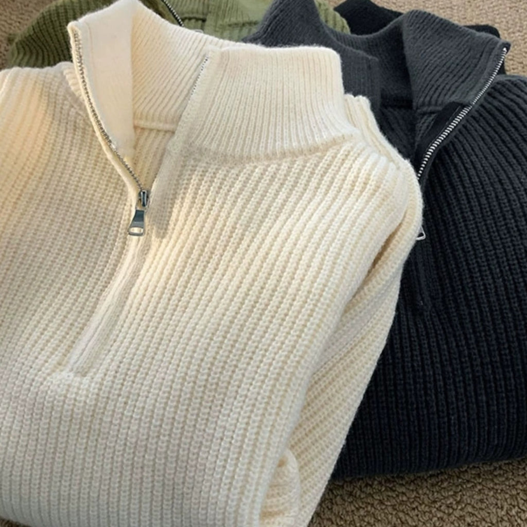 Men's Solid Color Half Zip Turtleneck Long Sleeve Knit Sweater
