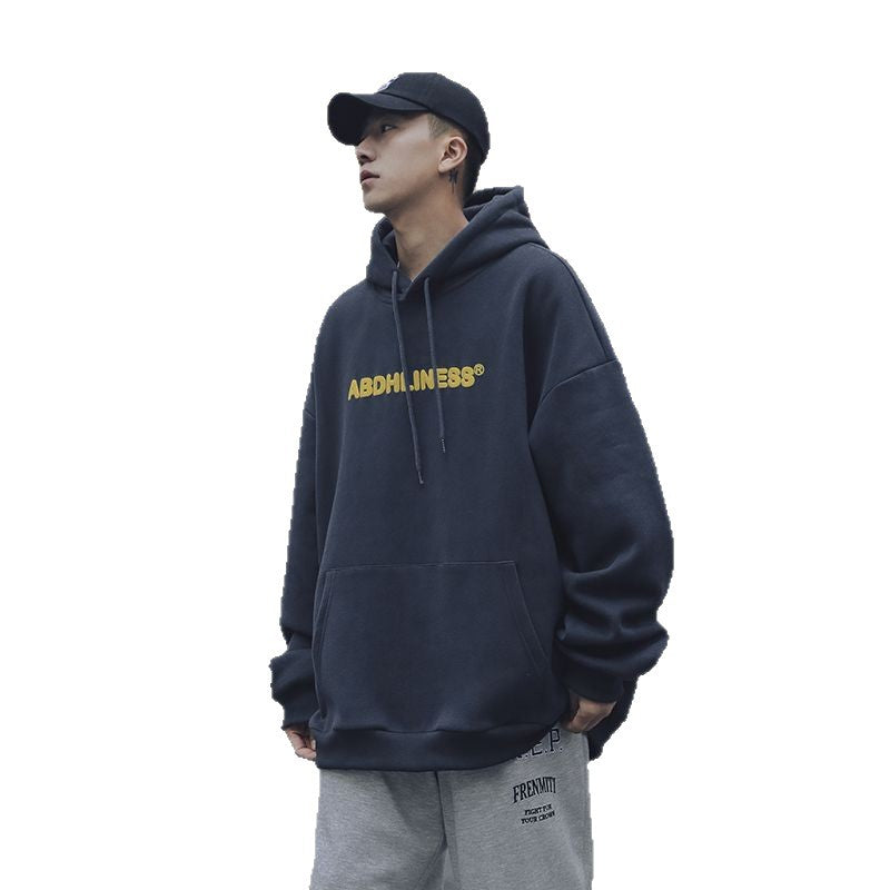 Men's Letter Print Long Sleeve Hooded Sweatshirt Loose Fleece-Lined Casual Top