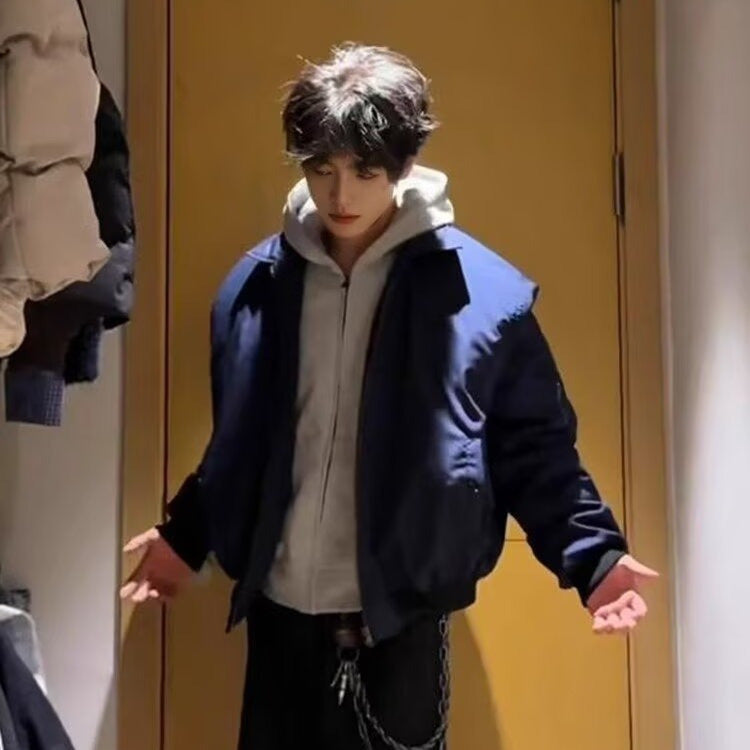 Clean Fit Short Loose Lapel Bomber Jacket Men's Navy Blue