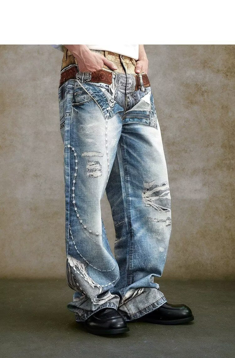 Vintage Color-Block Waist Straight Wide-Leg Denim Jeans