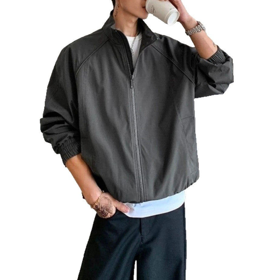 Retro Workwear Long Sleeve Zip-Up Stand Collar Short Loose Men's Flight Jacket