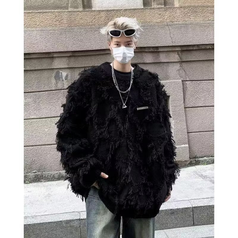 Retro Fringe Unisex Knitted Open Front Crew Neck Oversized Sweater Jacket