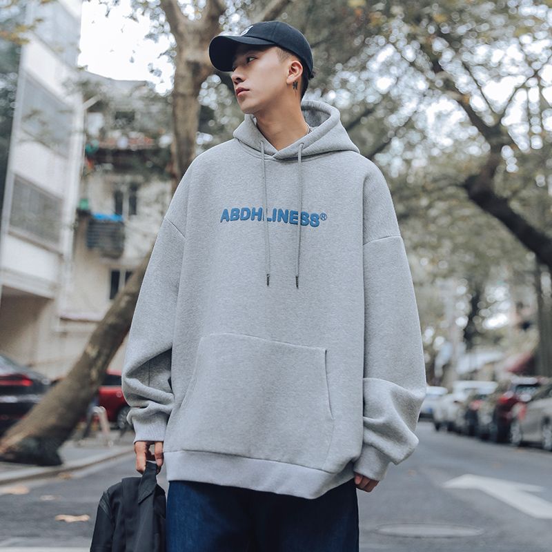 Men's Letter Print Long Sleeve Hooded Sweatshirt Loose Fleece-Lined Casual Top
