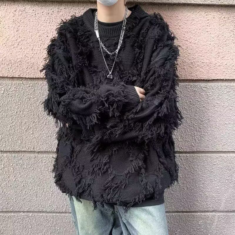 Retro Fringe Unisex Knitted Open Front Crew Neck Oversized Sweater Jacket