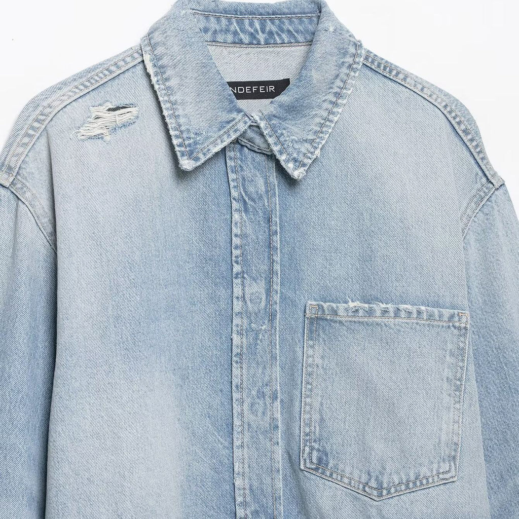 Collar denim long sleeved jacket