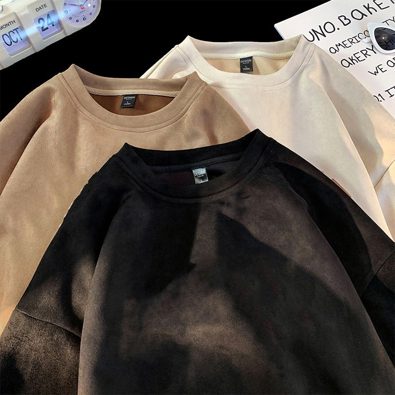 Vintage Long Sleeve Crew Neck Heavyweight Faux Suede Sweatshirt