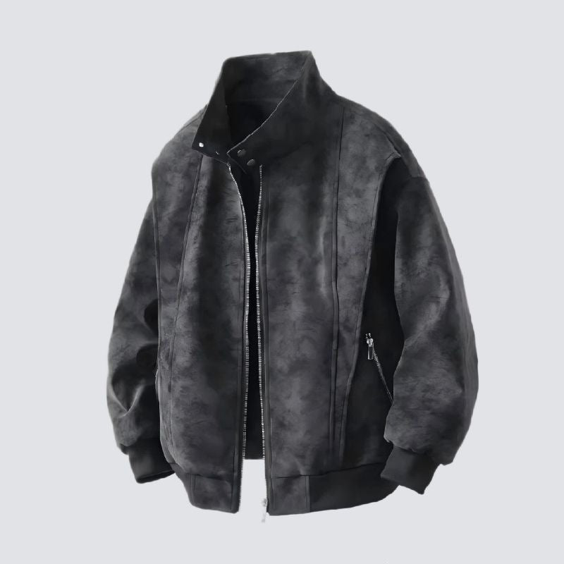 Vintage Tie-Dye PU Leather Zipper Stand Collar Loose Fit Jacket
