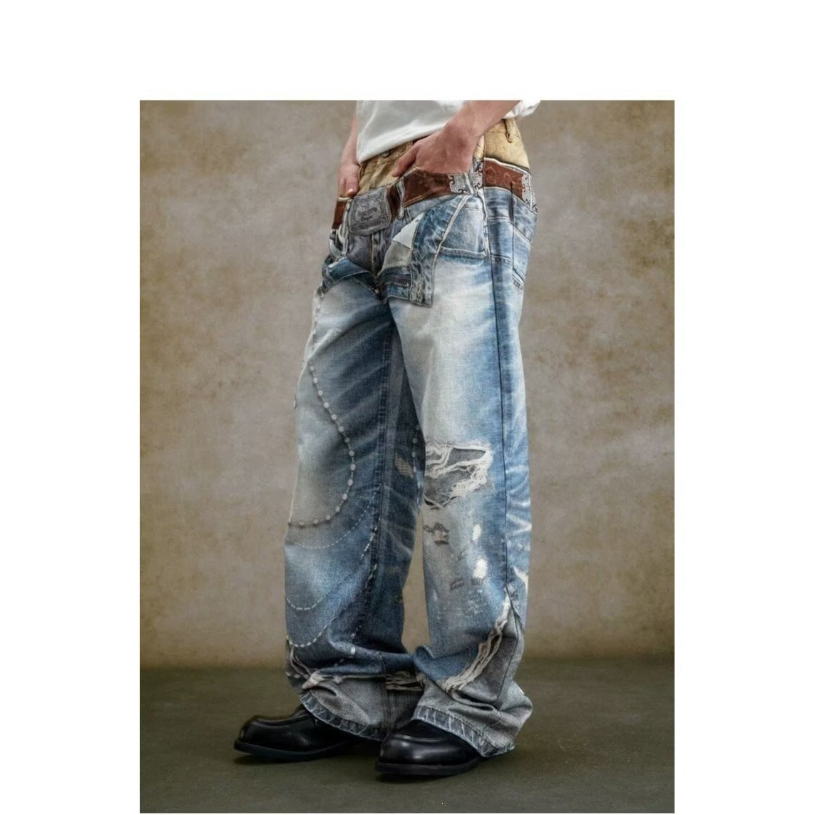 Vintage Color-Block Waist Straight Wide-Leg Denim Jeans