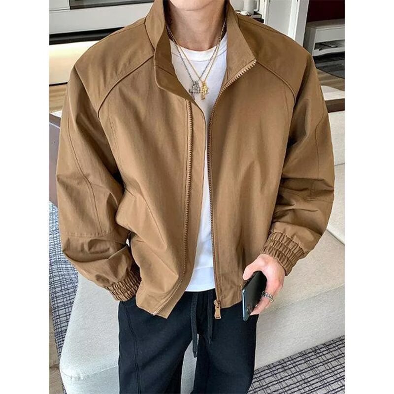 Retro Workwear Long Sleeve Zip-Up Stand Collar Short Loose Men's Flight Jacket