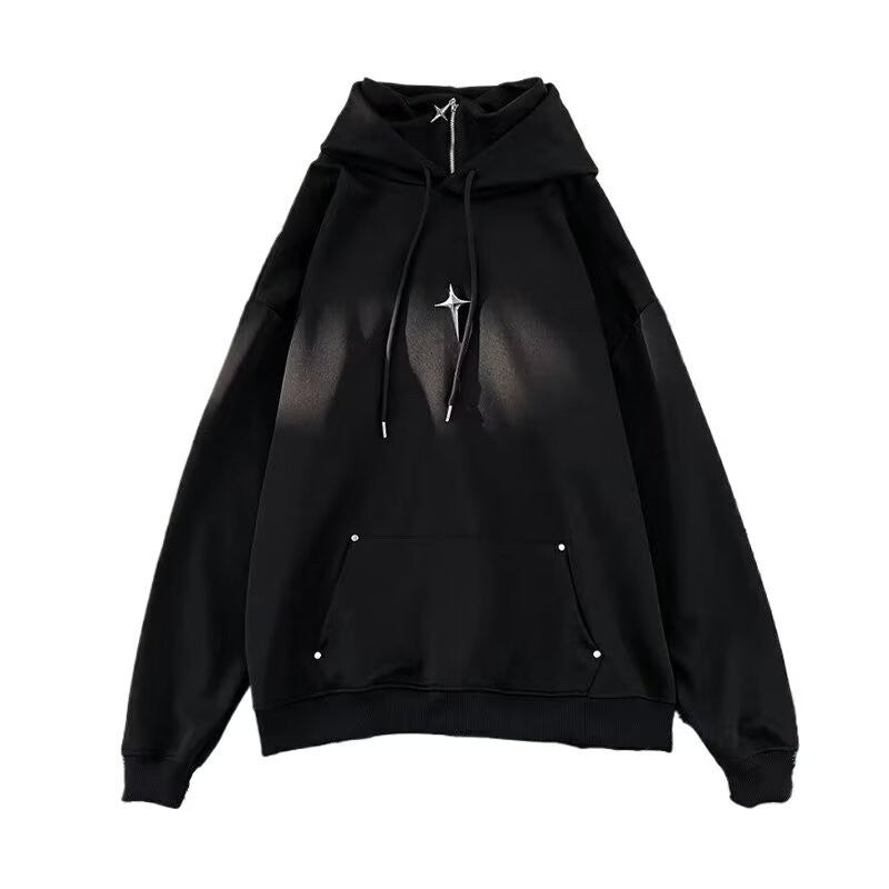 Men's Oversized West Coast Style Folded Collar Heavyweight Fleece Lined Windbreaker Hoodie Jacket - Solid Black